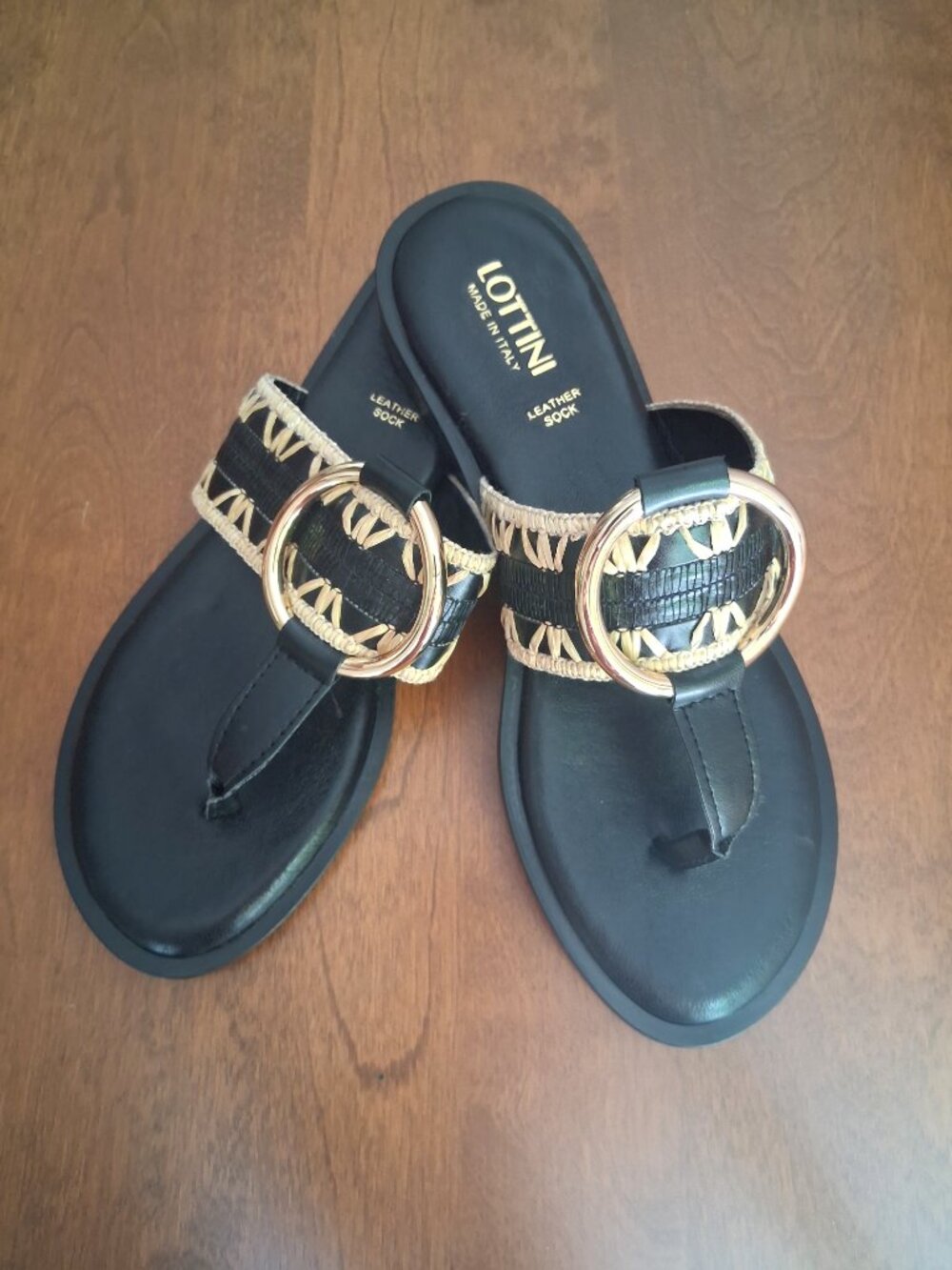 LOTTINI Italian Black Leather Woven Raffia Thong Sandals – Size 7.5